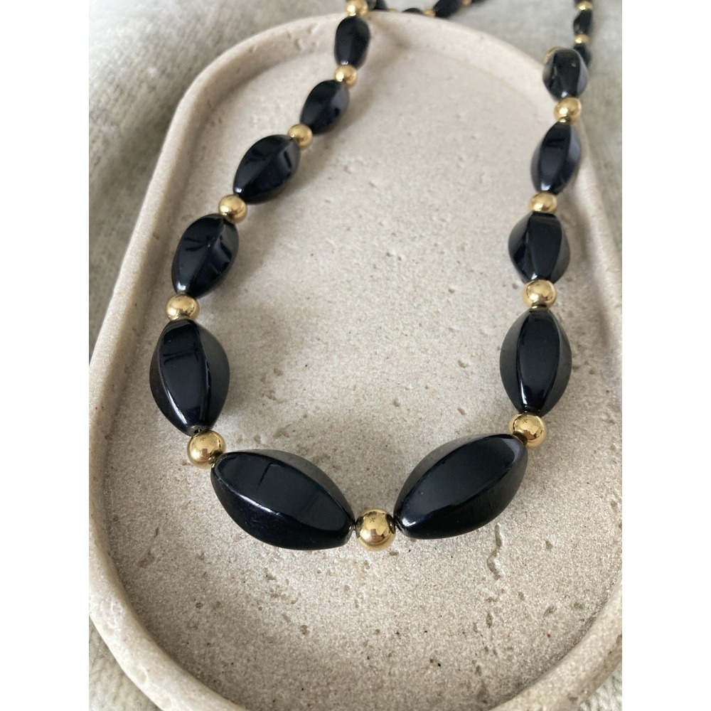 Vintage Napier Black Oval Bead Necklace Gold Tone Spacer Beads Signed Couture